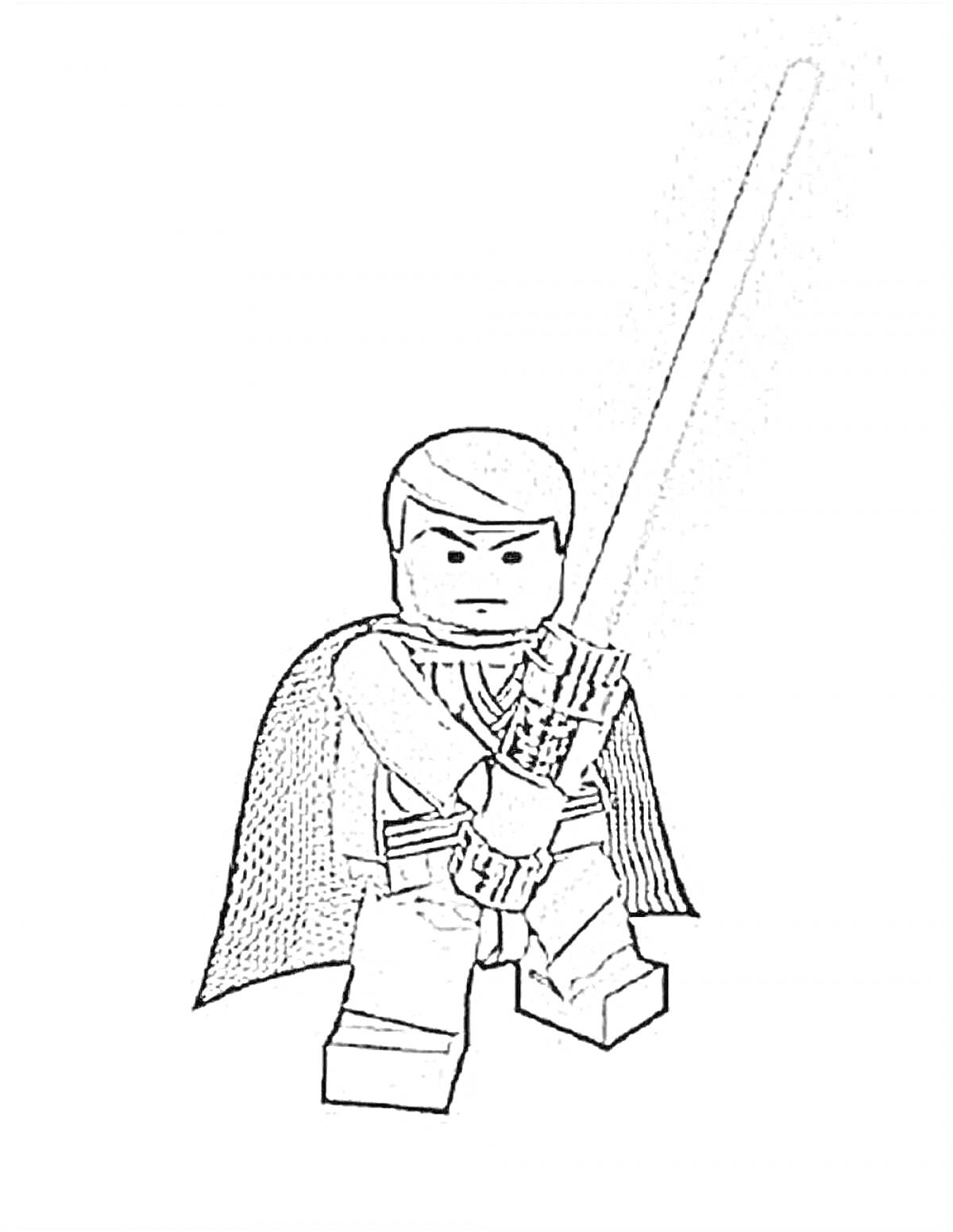 На раскраске изображено: Лего, Люк Скайуокер, Световой меч, Плащ, Звездные войны, Персонаж