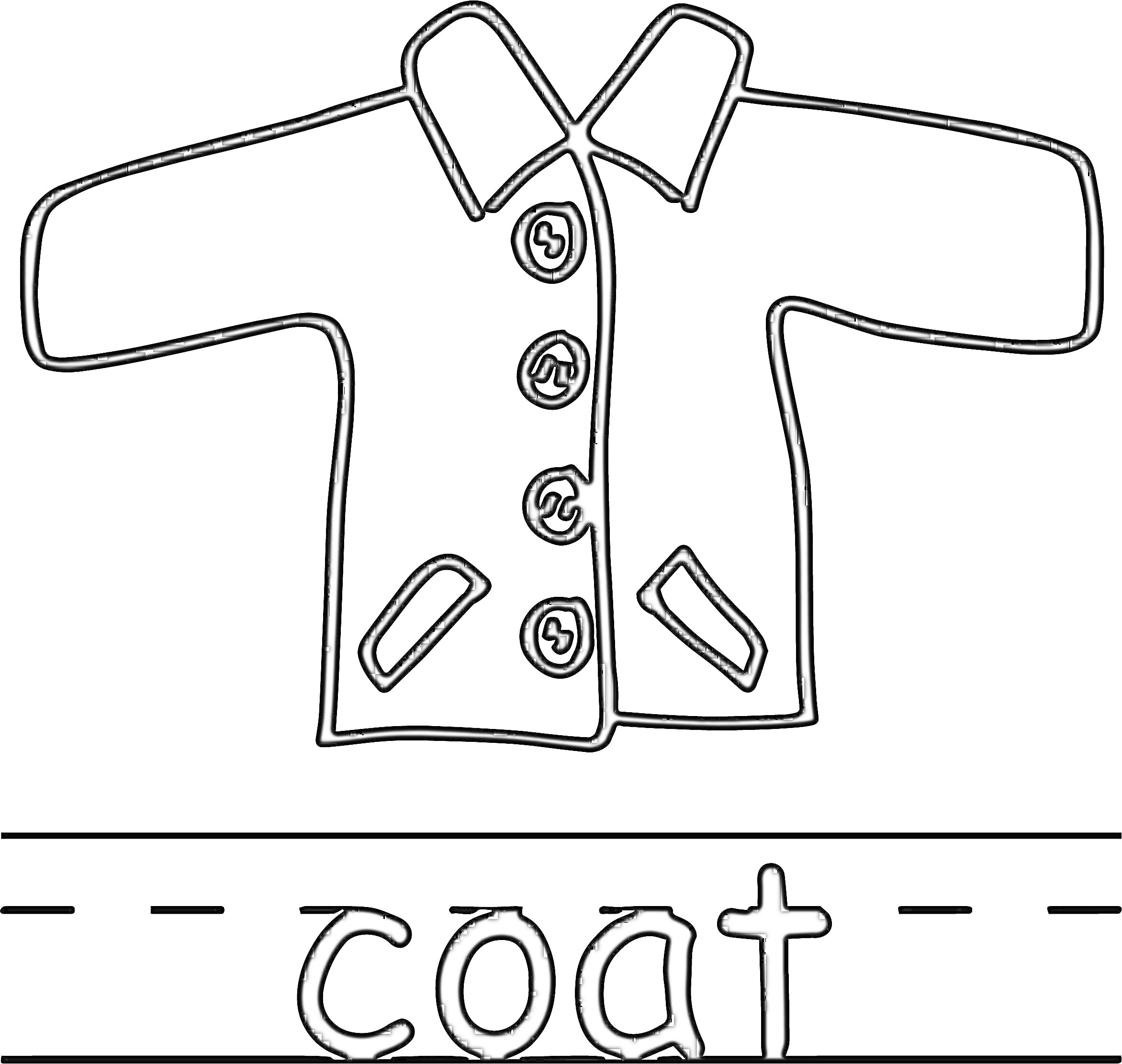 Раскраска Раскраска с изображением пальто с четырьмя пуговицами, двумя карманами и подписью 