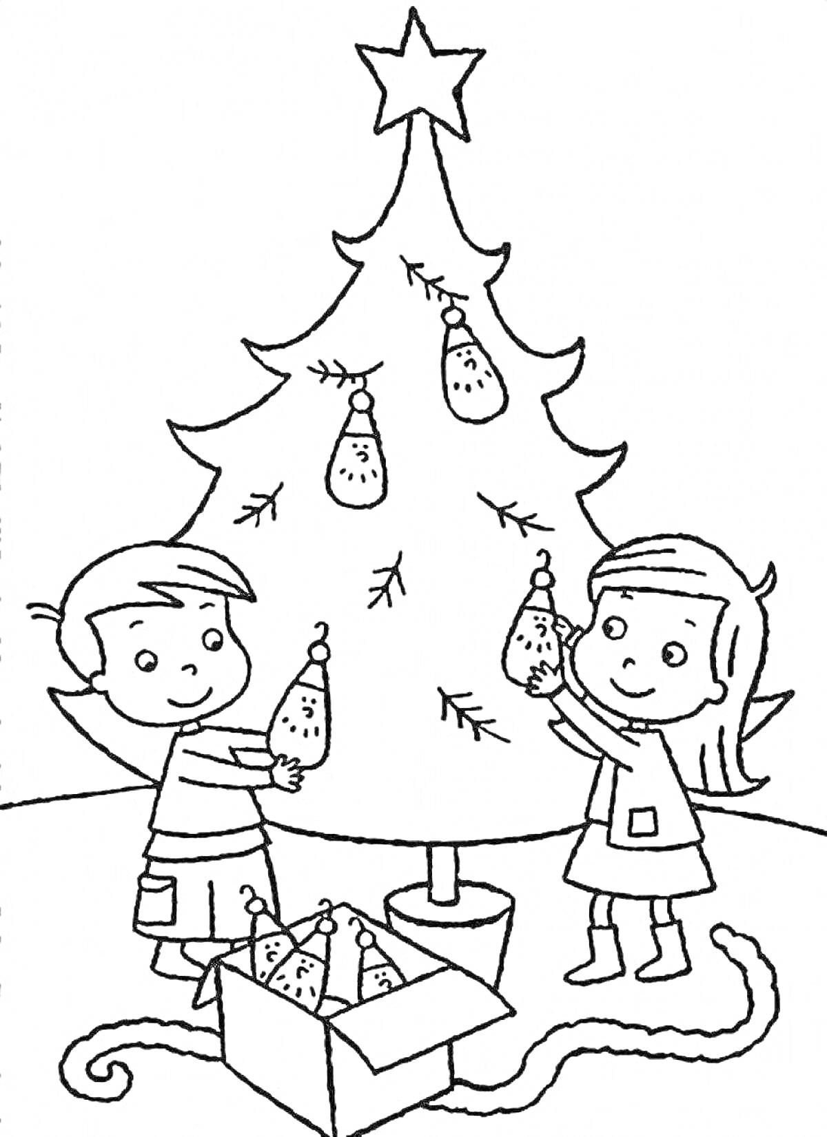 Раскраска Дети украшают новогоднюю ёлку игрушками, коробка с ёлочными игрушками, звезда на ёлке