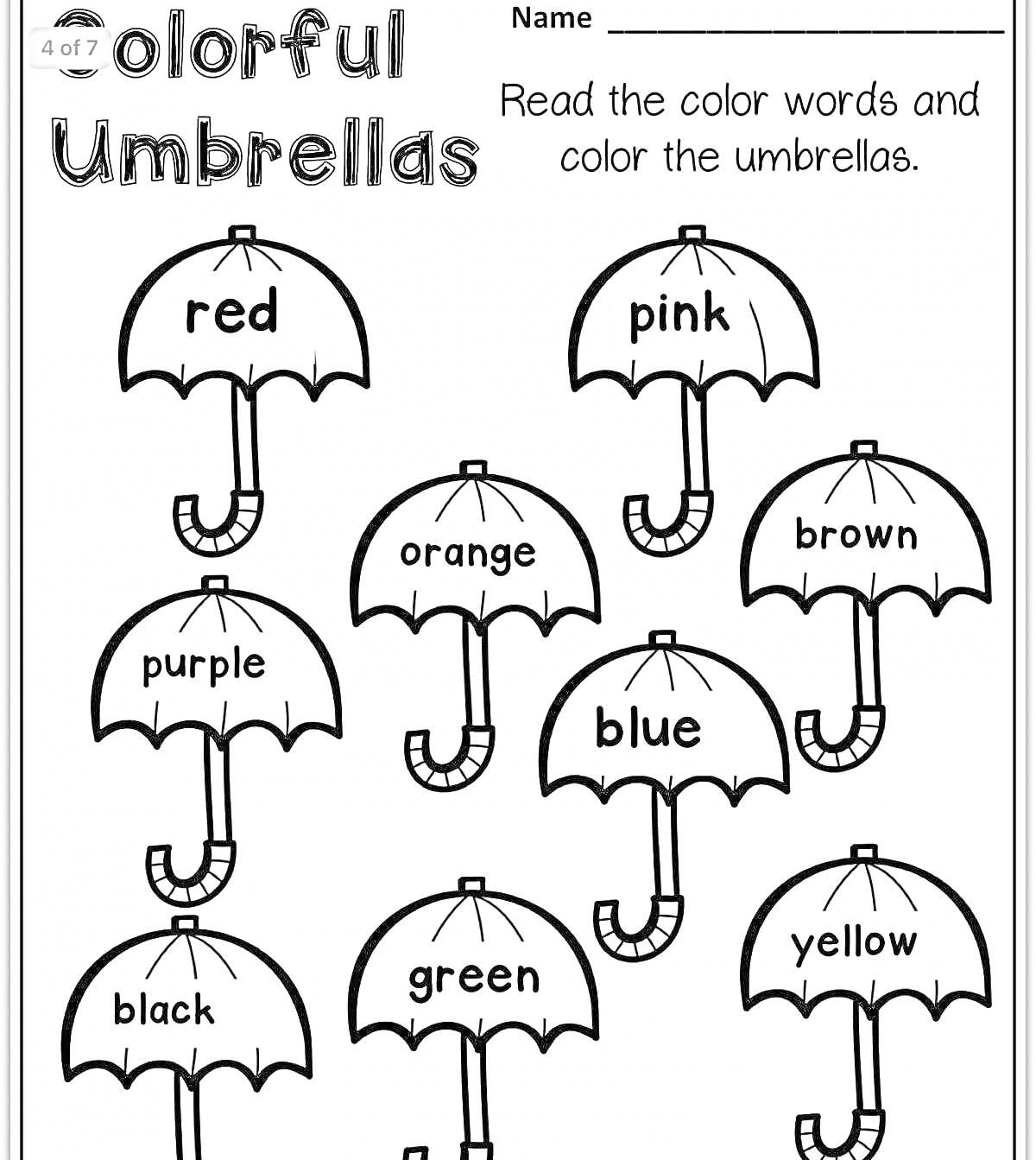 Раскраска Раскраска с различными цветами на английском языке, зонтики с пометкой цвета: красный, розовый, оранжевый, коричневый, фиолетовый, синий, черный, зеленый, желтый
