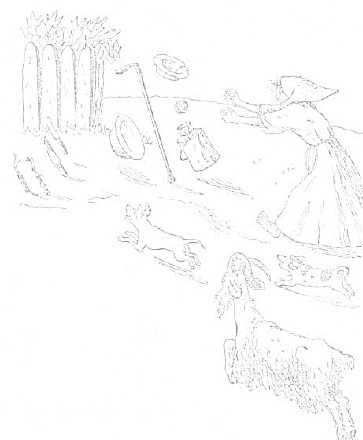 На раскраске изображено: Федорино горе, Женщина, Платок, Собака, Кот, Забор, Зелень