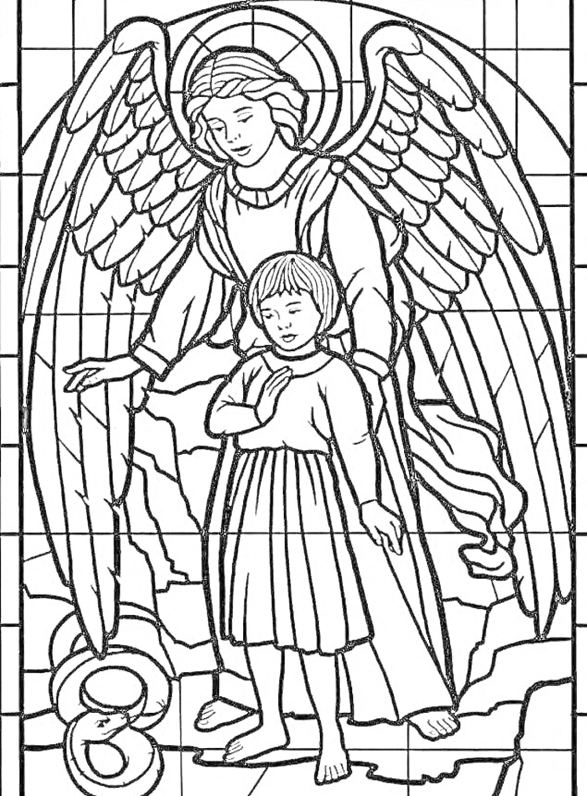 На раскраске изображено: Ангел, Ребёнок, Крылья, Витраж, Забота, Защита, Контурные рисунки