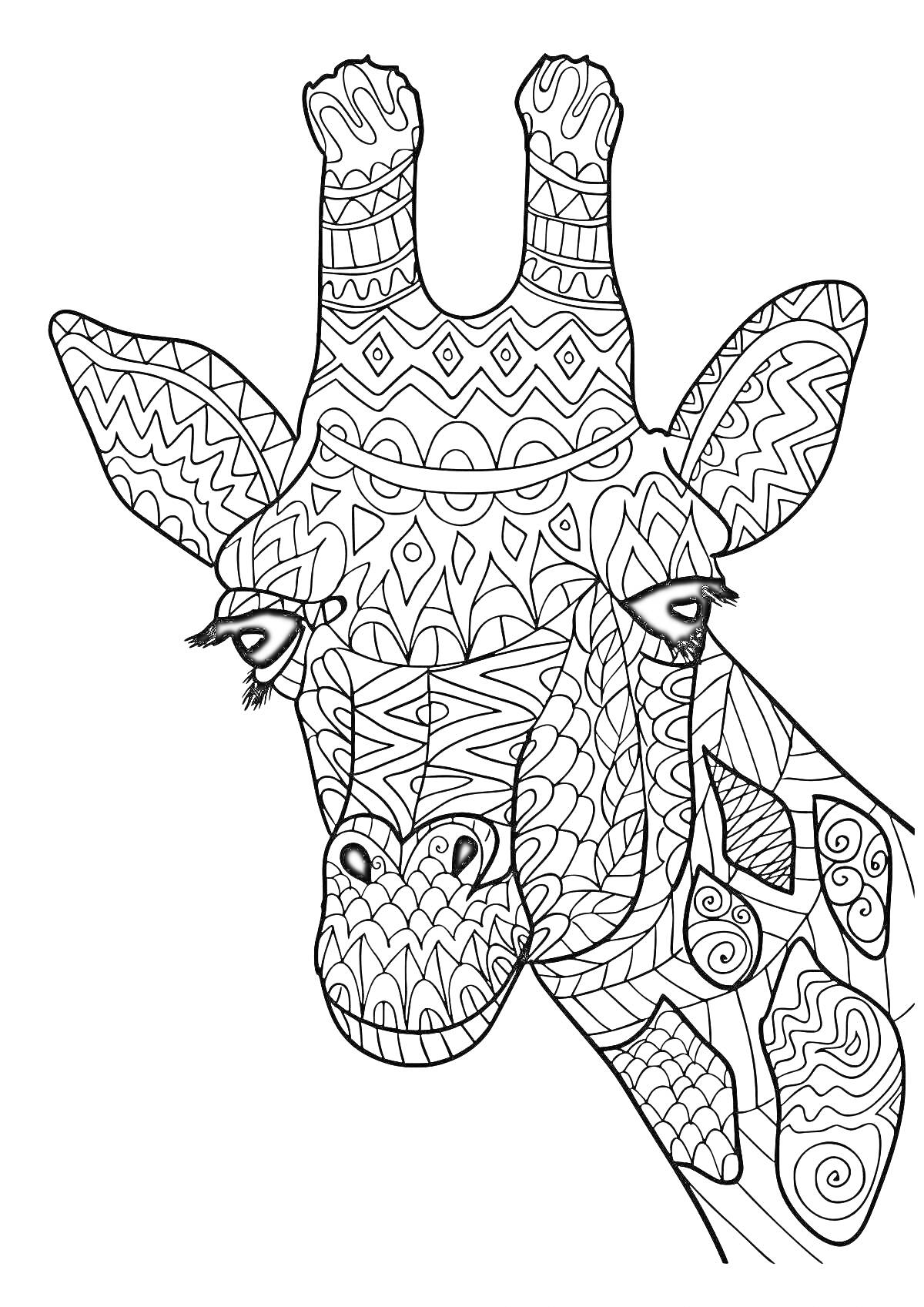 Раскраска Жираф с антистресс узорами