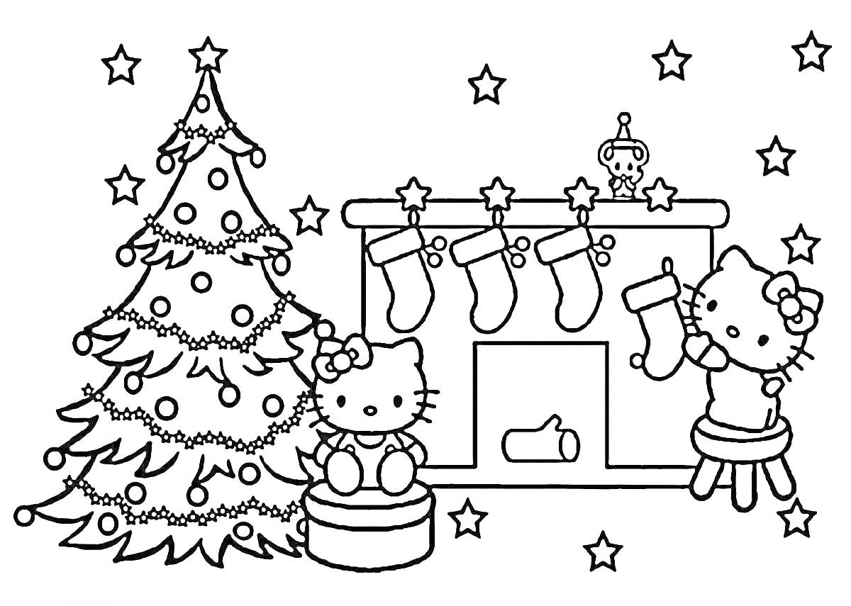 На раскраске изображено: Хелло Китти, Камин, Рождественские носки, Подарки, Звезды, Игрушки