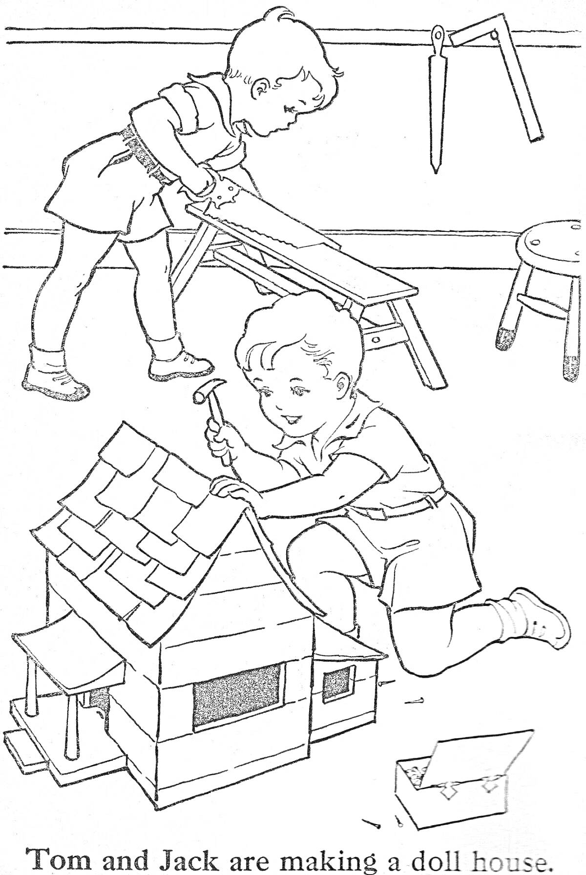 На раскраске изображено: Кукольный домик, Строительство, Мастерская