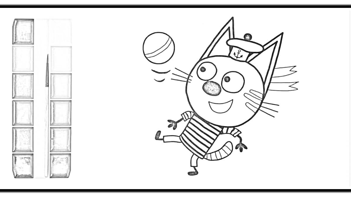 На раскраске изображено: Коржик, Три кота, Мячик, Краски, Мультик, Котёнок