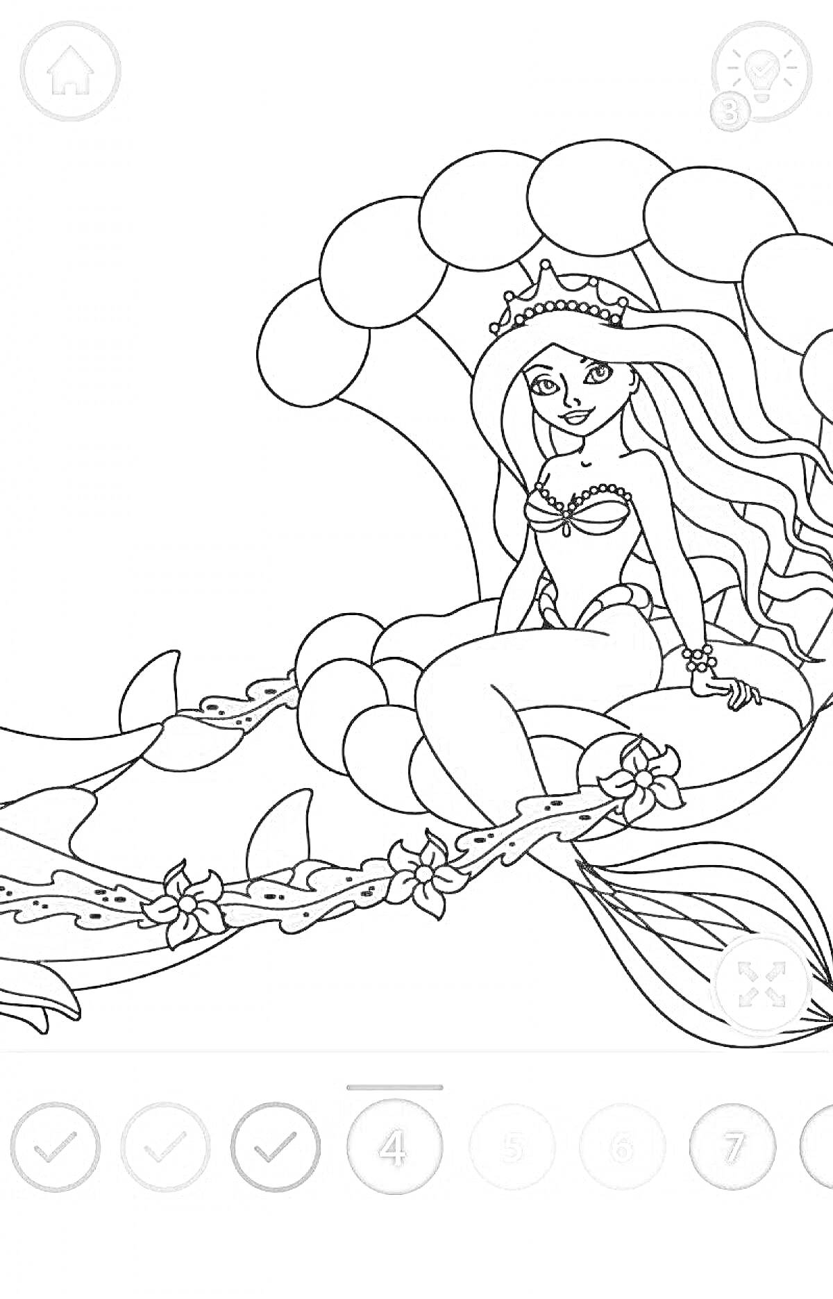 На раскраске изображено: Русалка, Пузыри, Цветы, Корона, Развевающиеся волосы