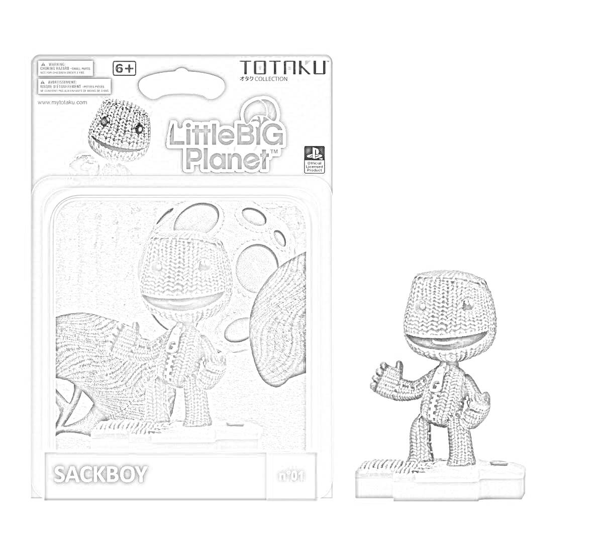 Раскраска Фигурка Сэкбоя в упаковке (LittleBigPlanet). В комплекте изображена фигурка Сэкбоя, упаковка с изображением Сэкбоя и логотипом LittleBigPlanet, а также номер 001.