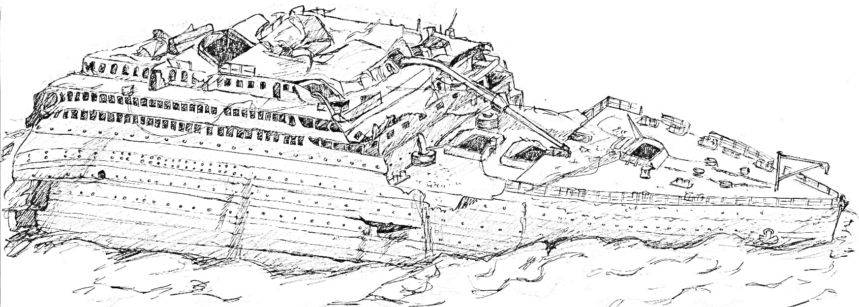 На раскраске изображено: Титаник, Корабль, Палубы, Море, Крушение, Историческое событие
