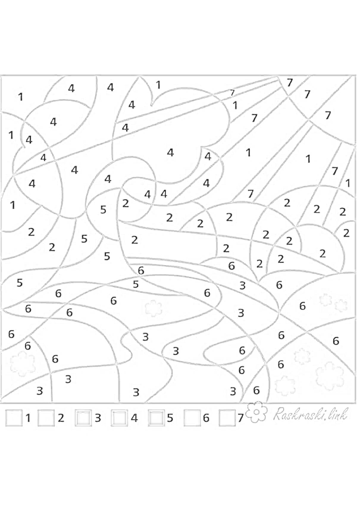 Раскраска пейзаж с солнцем, облаками и цветами с математической раскраской по номерам