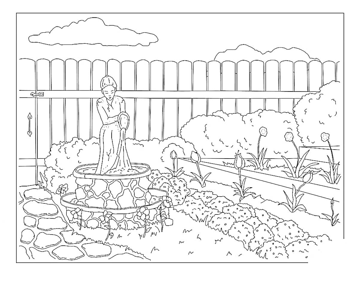 Сад с цветочной клумбой, скульптурой женщины и каменной дорожкой