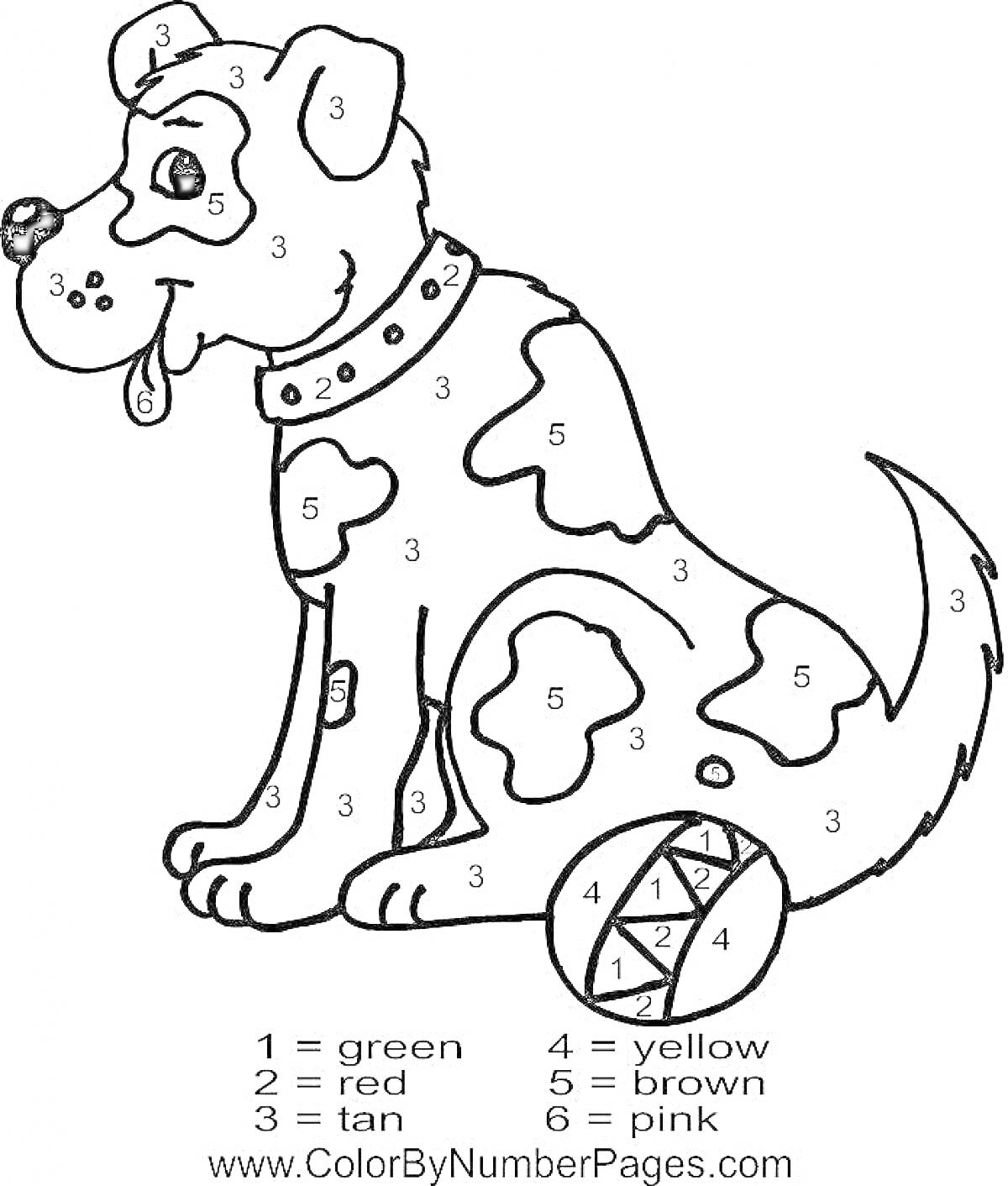 На раскраске изображено: Собака, По номерам, Цвета, Зеленый, Красный, Коричневый, Желтый, Розовый, Кости, Мячи
