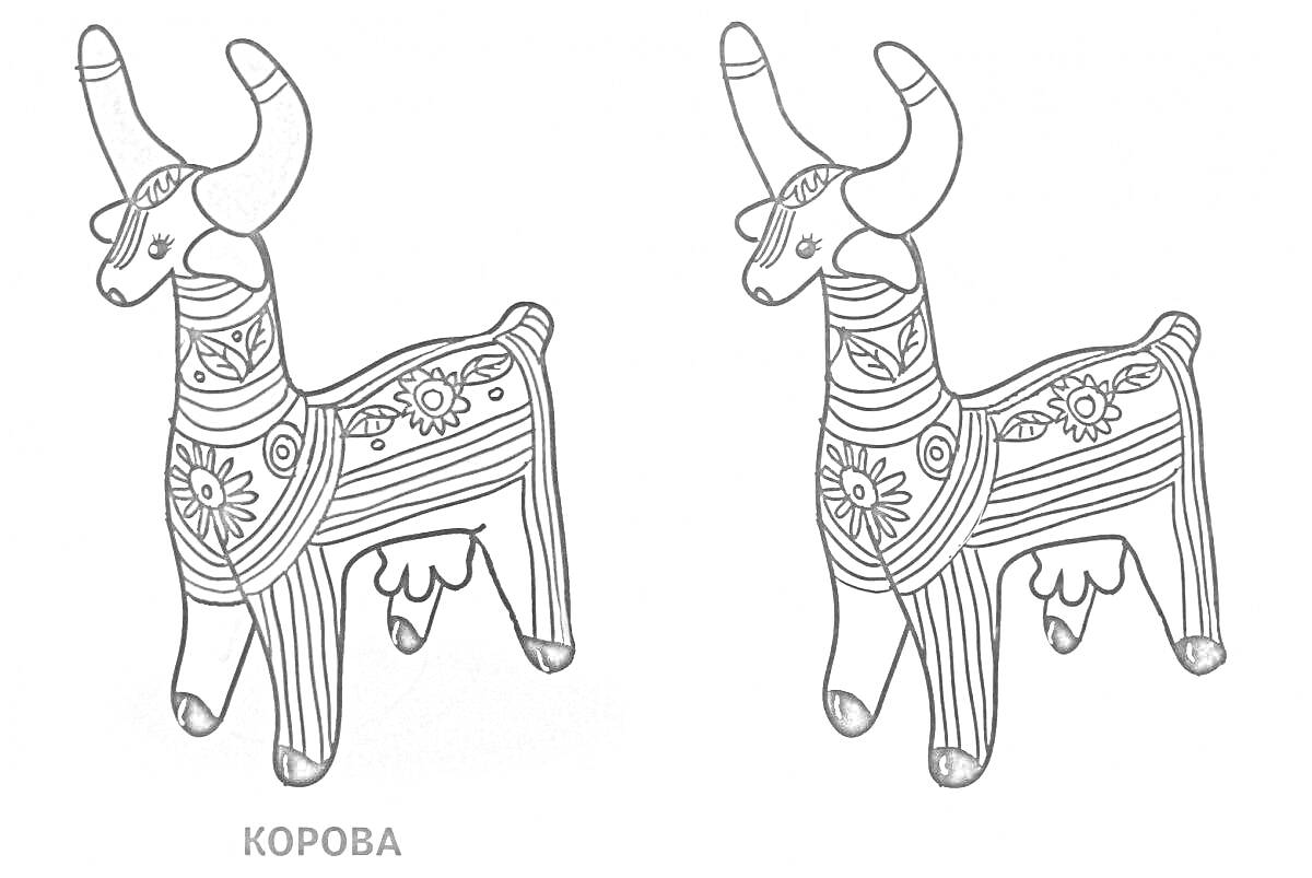 Раскраска Раскраска с филимоновской игрушкой в виде коровы с большими рогами, украшенная узорами и цветами