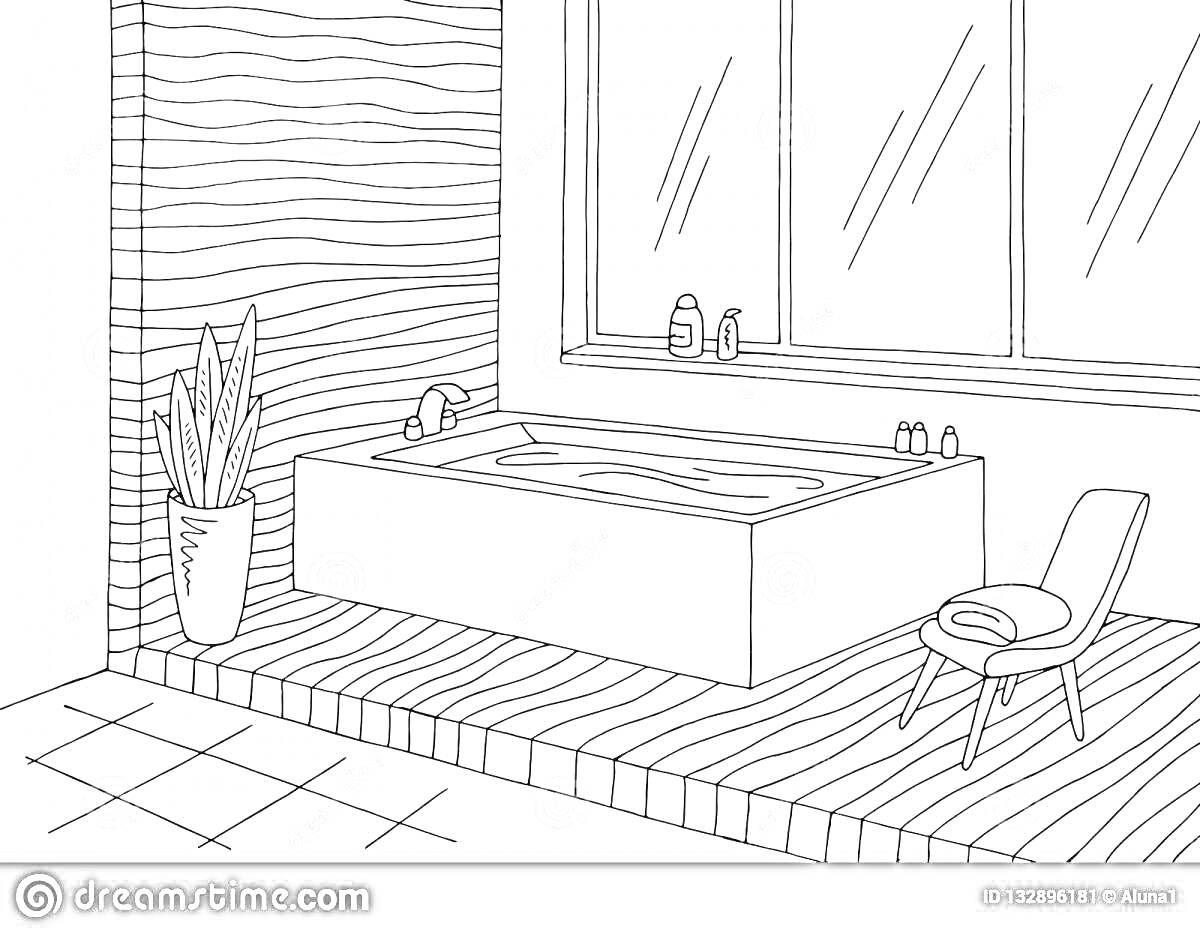 Раскраска Ванная комната с ванной, окном, растением и стулом