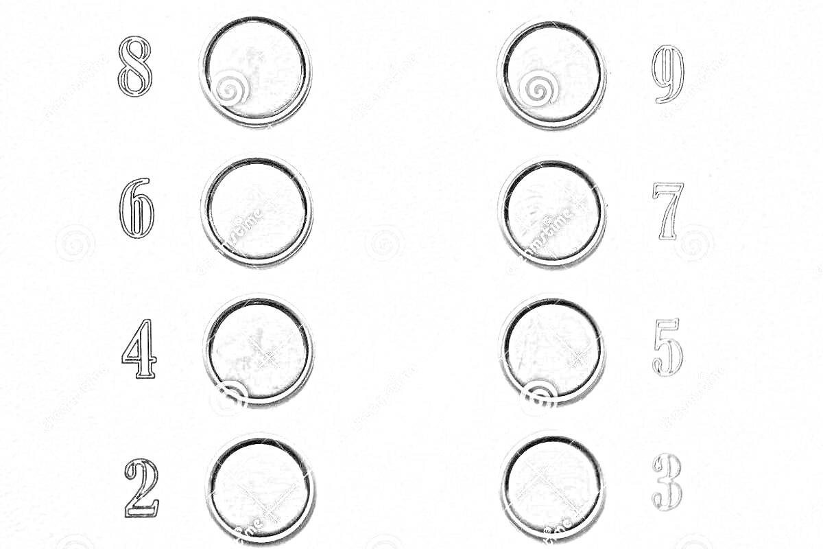 Раскраска Кнопки лифта с номерами 2, 3, 4, 5, 6, 7, 8, 9 в два ряда