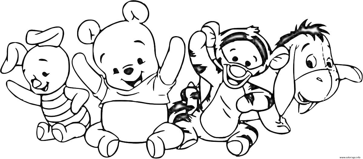 Раскраска Пятачок, Винни-Пух, Тигра и Иа с поднятыми руками