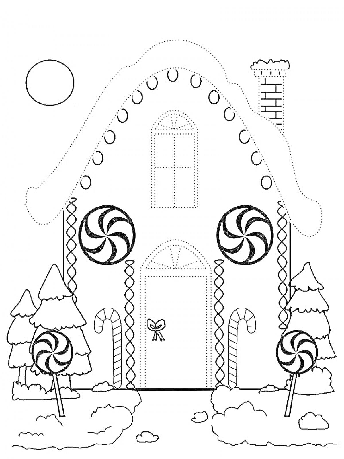 На раскраске изображено: Пряничный домик, Конфеты, Сугробы, Зима
