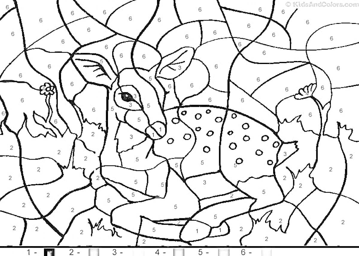 Раскраска Раскраска по номерам с оленем, цветами и травой