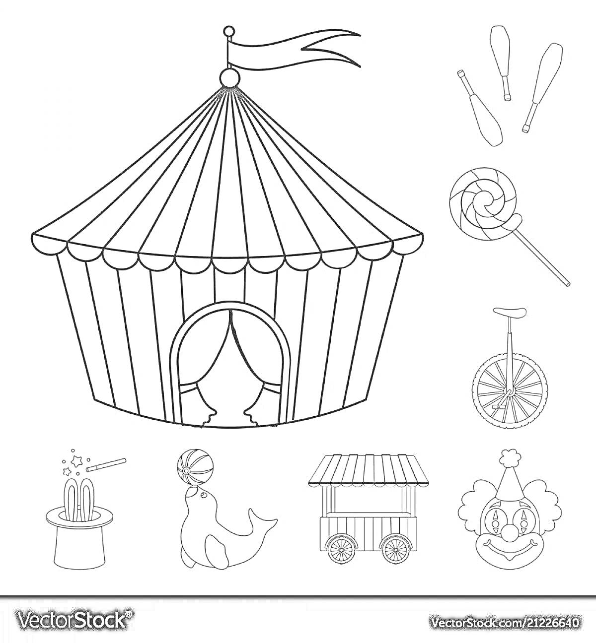 Раскраска Шатер цирка с булавами для жонглирования, леденцом на палочке, унициклом, номером с шляпой, морским львом с мячом, тележкой с едой и клоуном