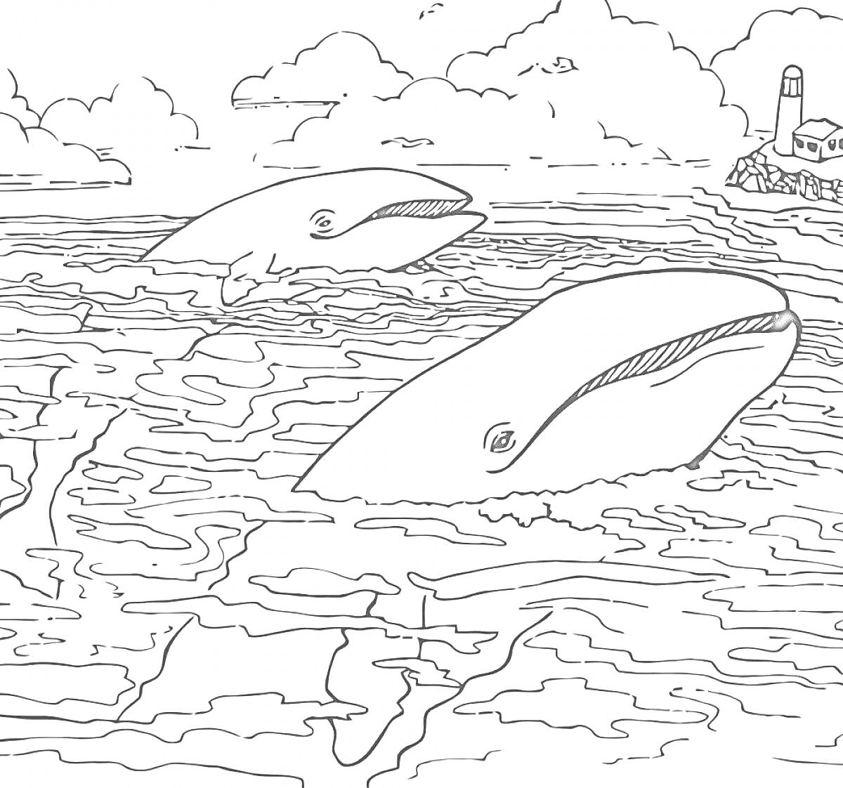 Раскраска Два кита в океане возле маяка и облаков