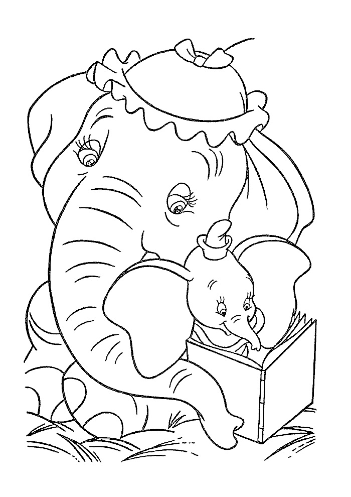 На раскраске изображено: Слон, Дамбо, Книга, Шляпа, Чтение, Из мультфильмов, Для детей