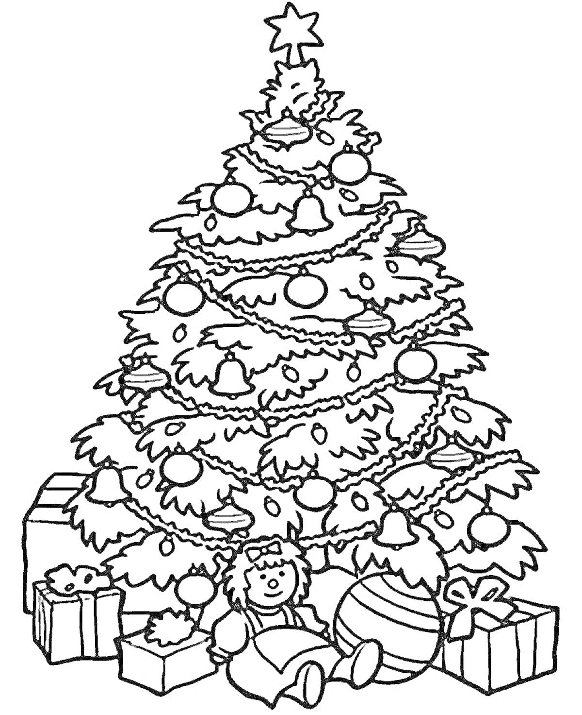 На раскраске изображено: Рождественская елка, Игрушки, Украшения, Шары, Подарки, Кукла, Новый год, Рождество, Для детей, Коробка, Звезды, Колокольчик, Елки, Праздники