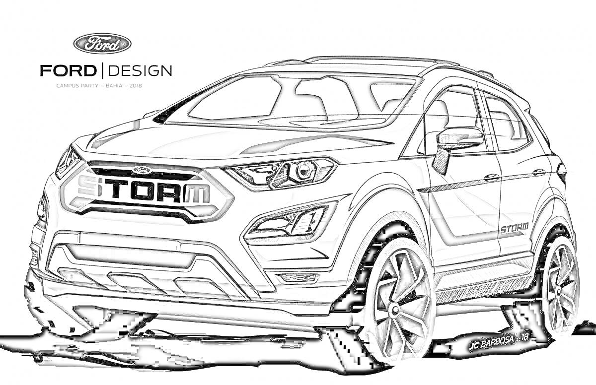 Раскраска Ford Kuga, автомобиль, передний вид, надпись Ford Design, логотип Ford