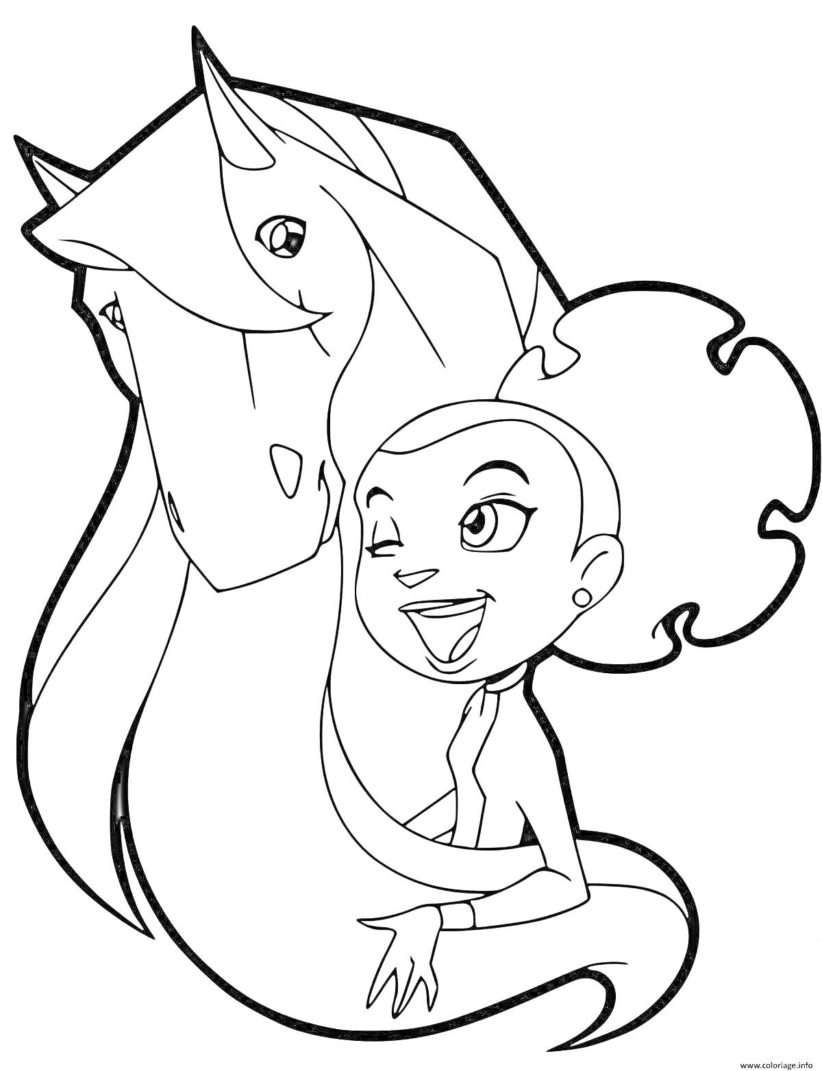 Раскраска Девочка с лошадью (девочка с фигурной прической стоит рядом с лошадью, улыбается)