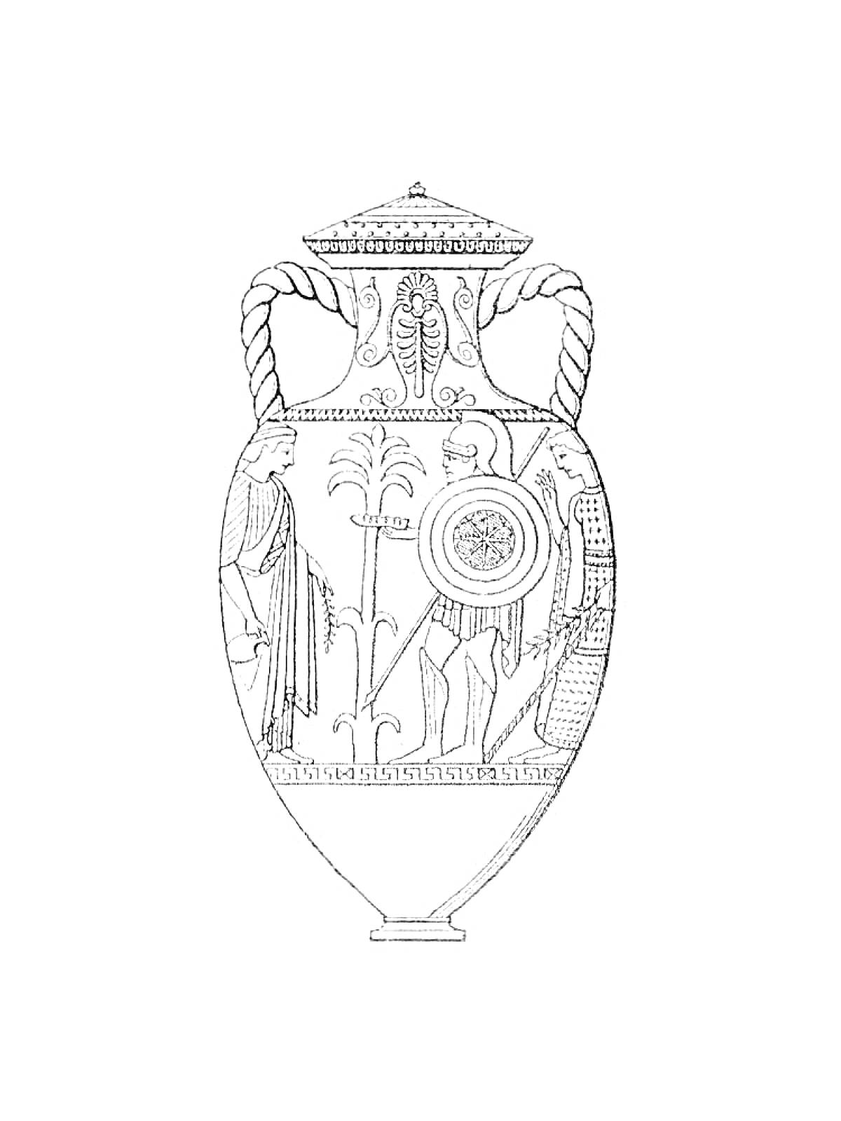 Раскраска Античная греческая ваза с изображением воина в шлеме и доспехах с копьем и щитом, стоящего перед стоящим человеком в одеянии
