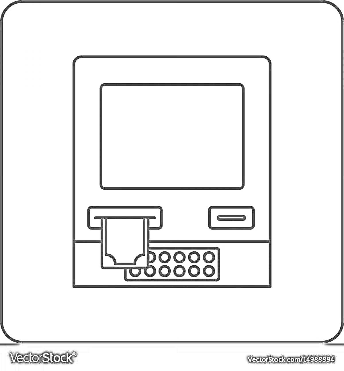 На раскраске изображено: Банкомат, Экран, Клавиатура, Деньги, Банк, Иллюстрация