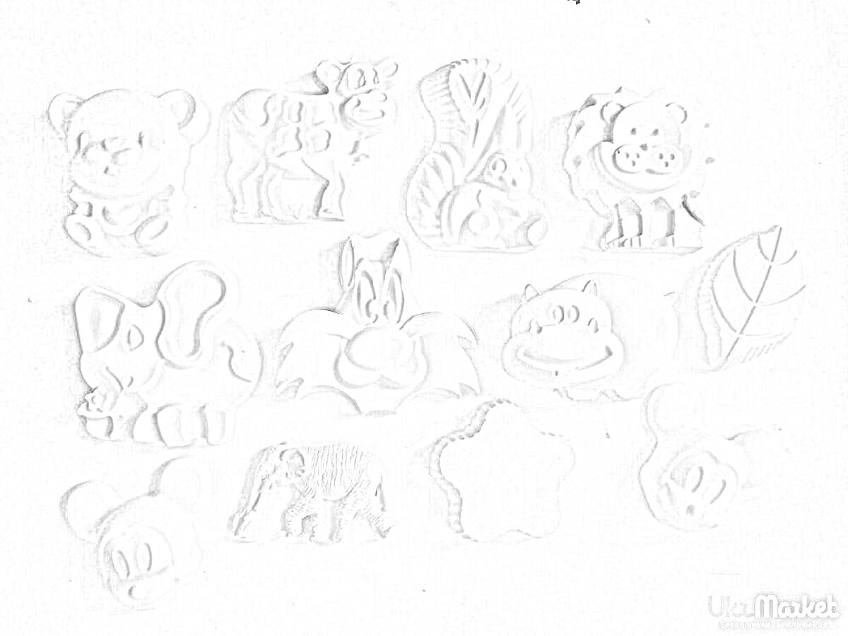 Раскраска Мультяшные фигурки из гипса с изображением медведя, коровы, зайца, льва, слона, животного с большими зубами, обезьяны, листа, головы мультяшного медведя, слона с хоботом, цветка, головы мультяшной мыши и неизвестного предмета.