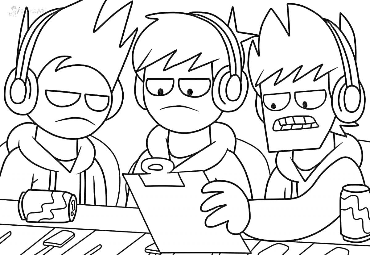 Раскраска Три персонажа в наушниках, каждый из которых держит банку с напитком; один из них держит блокнот