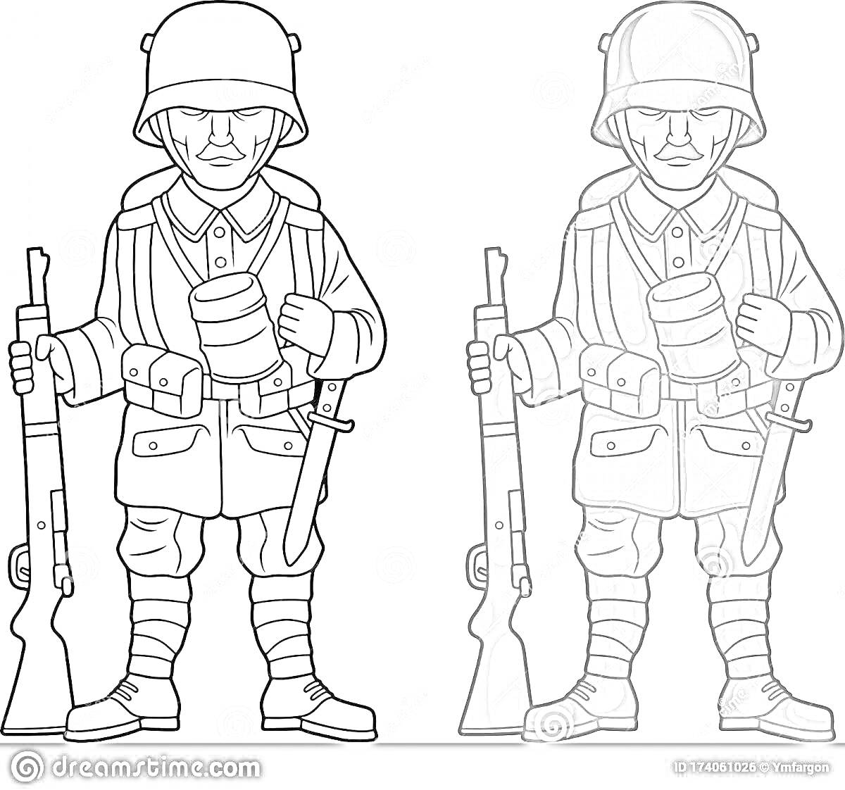 Раскраска Солдаты Первой мировой войны с винтовками и гранатами