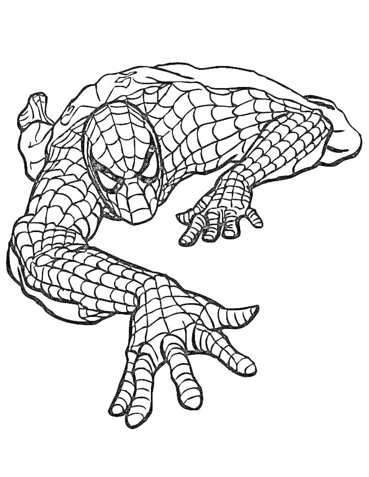 Раскраска Человек-паук, ползущий вперед с вытянутой рукой