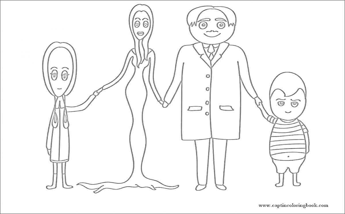 Раскраска Семья, состоящая из четырех человек, держащихся за руки: девочка в длинном платье с низко опущенными руками, женщина в длинном платье, мужчина в костюме с галстуком и мальчик в полосатой футболке и шортах