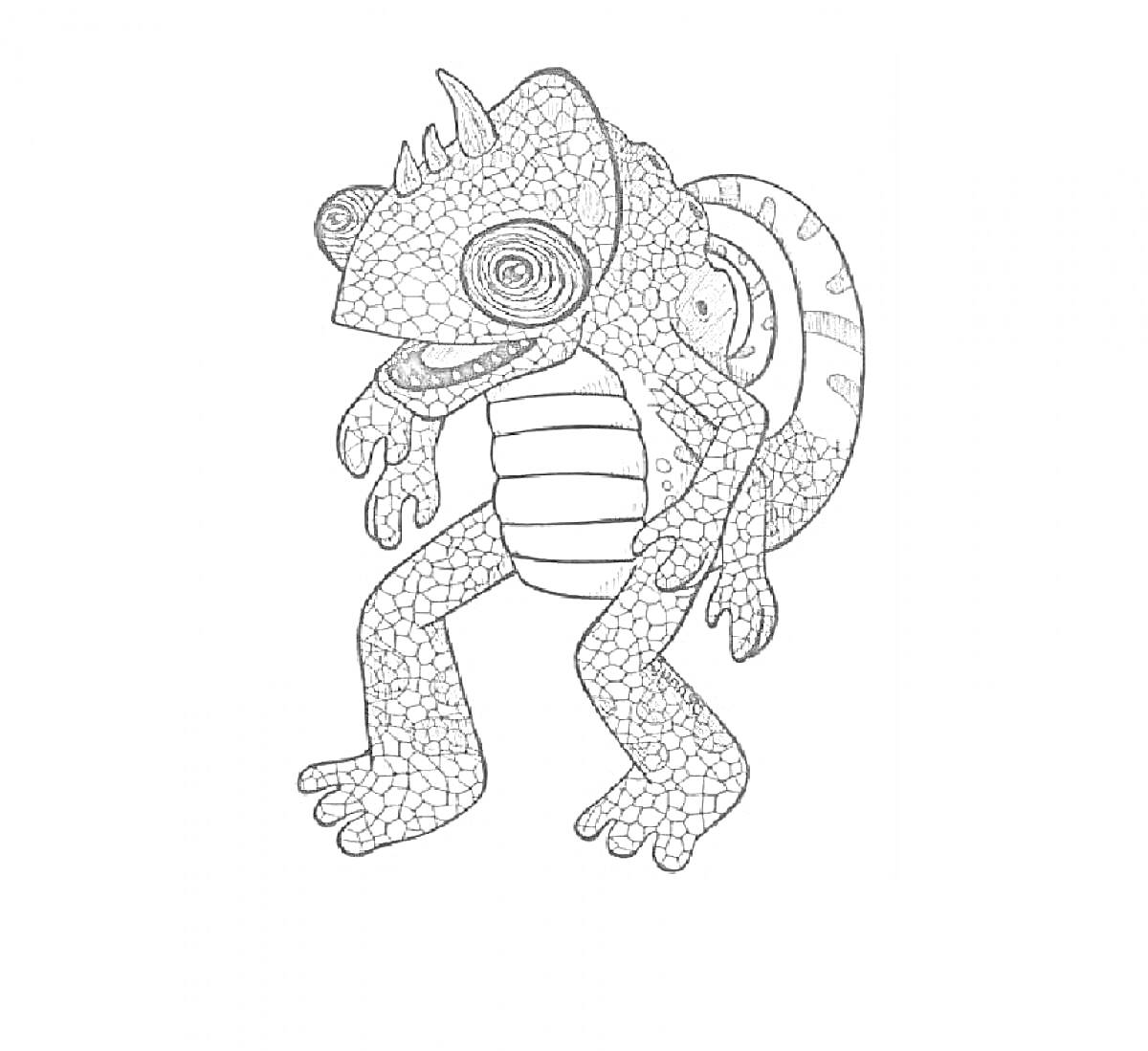 Раскраска Монстр-рептилия с рогами, спиральными глазами и хвостом