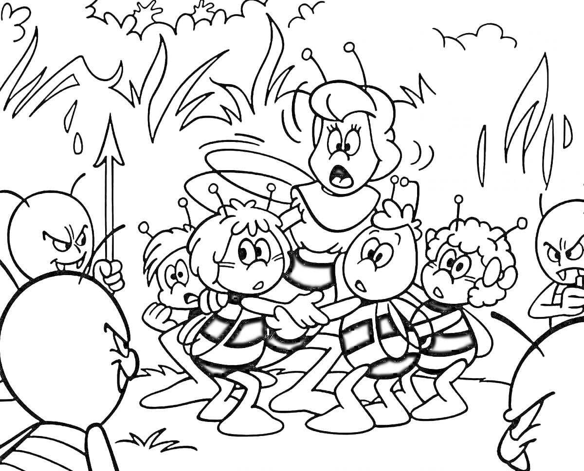 Раскраска Пчелка Майя и ее друзья в окружении других пчел, держащих копья, на фоне травы и кустов