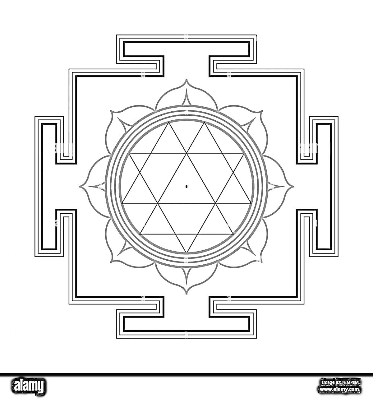 Раскраска Янтра с девятью треугольниками, кругом, лотосом и четырьмя квадратными воротами