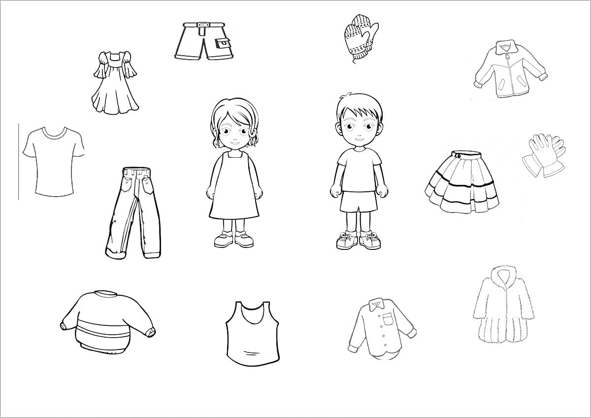 На раскраске изображено: Девочка, Мальчик, Платье, Короткие шорты, Джинсы, Свитер, Майка, Пальто, Одежда для детей, Одежда для мальчиков, Одежда для девочек