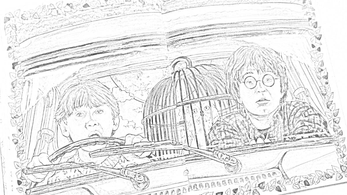 Раскраска Два мальчика в автомобиле с клеткой для совы внутри, иллюстрация в стиле Гари Поттера