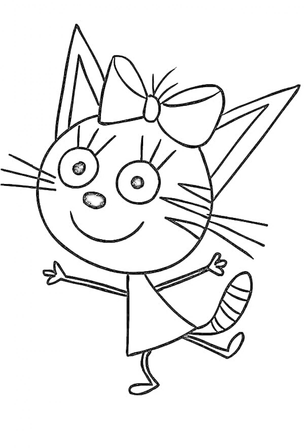 Раскраска Кошка с бантиком на голове, в платье, с одним поднятым хвостом