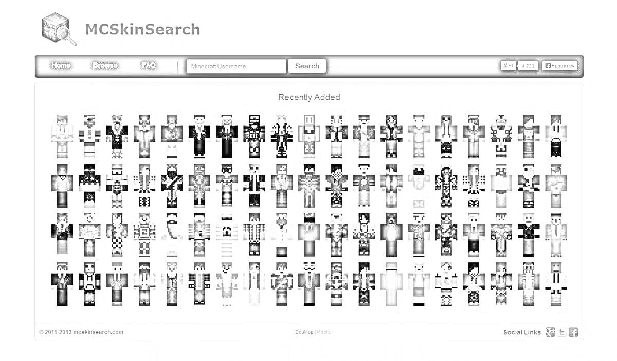 Страница каталога скинов для Minecraft, отображающая множественные скины ютуберов на сайте MCSkinSearch. На изображении представлены различные скины персонажей в пиксельном стиле, расположенные рядами в черно-белом варианте.