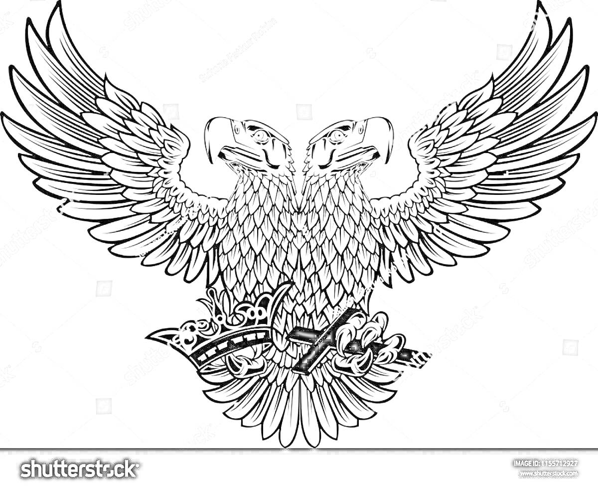 На раскраске изображено: Двуглавый орел, Крылья, Корона, Орнитология, Меч, Герб России, Контурные рисунки, Символы