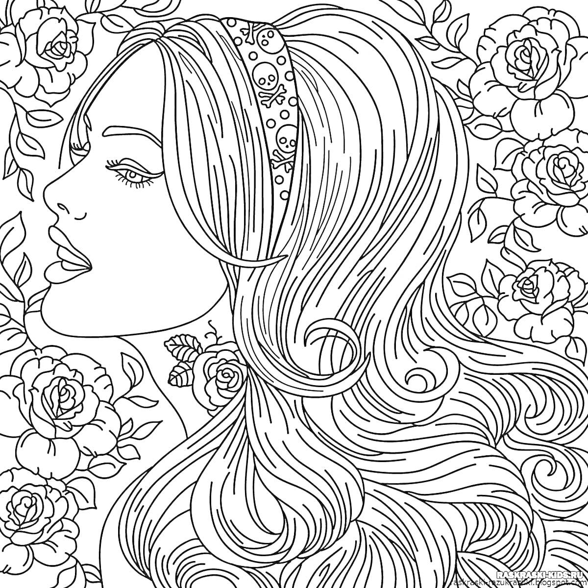 Раскраска Профиль девушки с длинными волосами и повязкой на голове на фоне роз и листьев