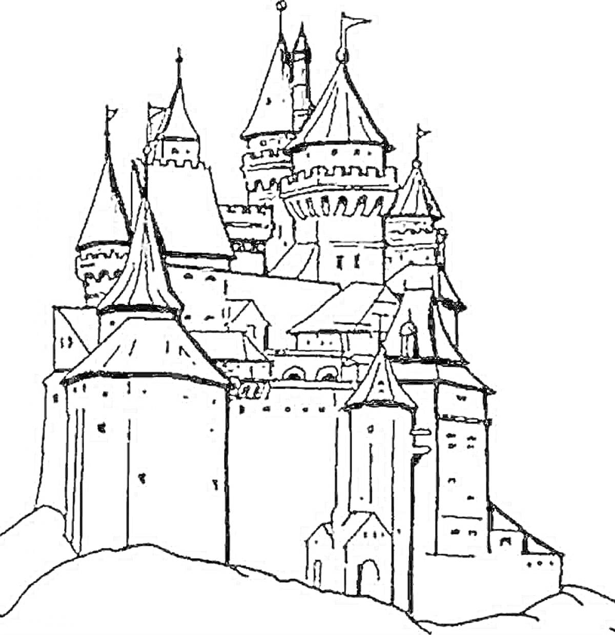 Раскраска Большой замок с башнями и флагами на холме
