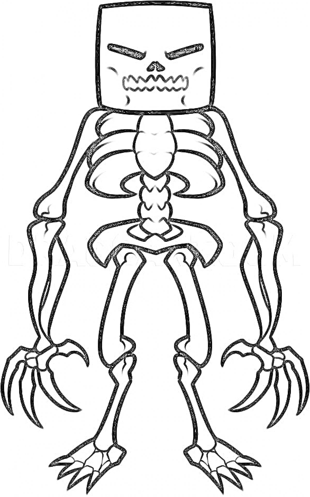 РаскраскаСкелет из Майнкрафт с длинными руками и когтымистыми пальцами