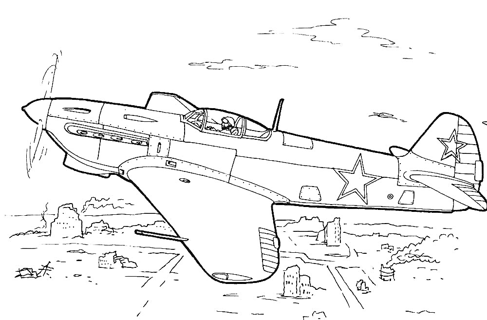 Военный самолет в полете над разрушенным городом