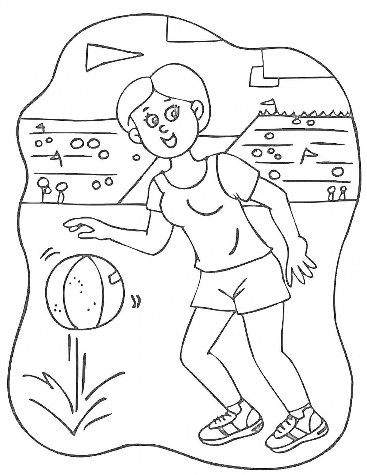 Раскраска Девочка, играющая с мячом на спортивной площадке с трибунами на заднем фоне