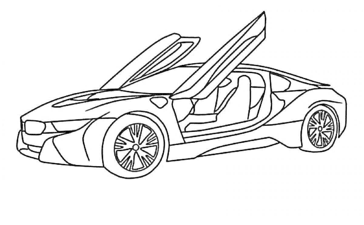 На раскраске изображено: Спорткар, Открытые двери, Бмв