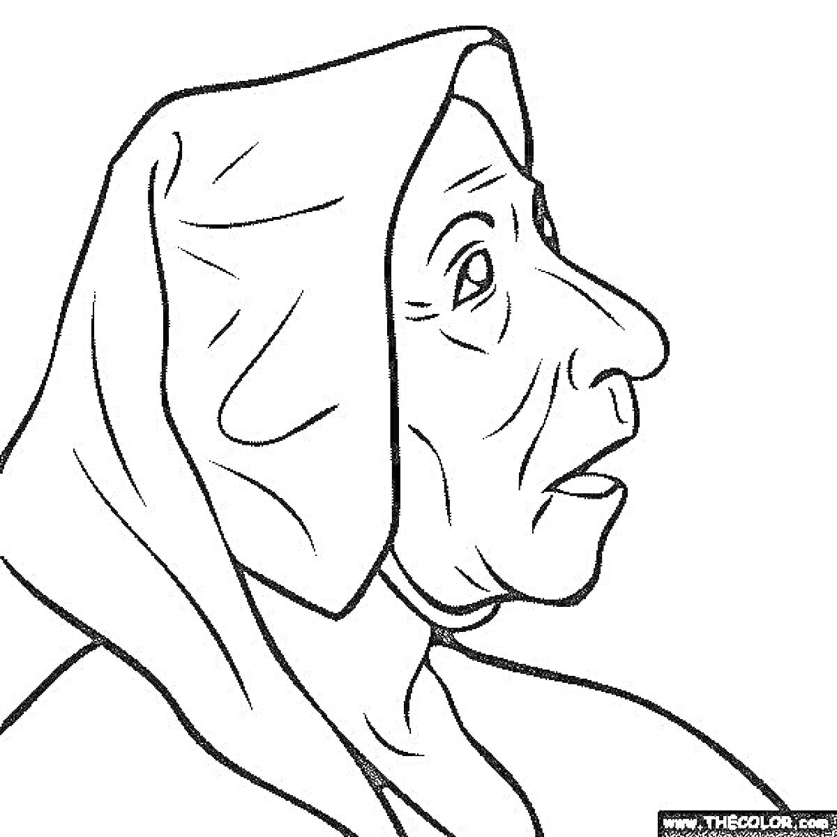 Бабка Гренни в накидке, профильное изображение с морщинами на лице